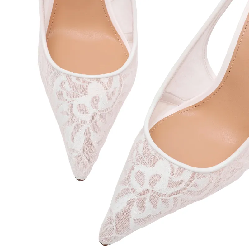 White Lace Pointed-Toe Slingback Bridal Heels – Sheer Wedding Pumps - Image 4
