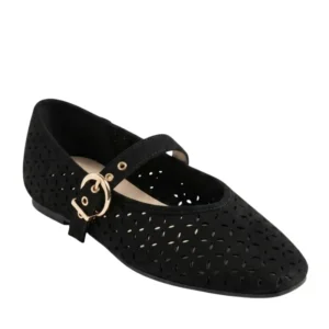 Women’s Black Perforated Mary Jane Flats with Buckle Strap Closure | Mary Jane Shoes Manufacturer