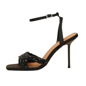 Black Crystal Embellished Ankle Strap Stiletto Heels