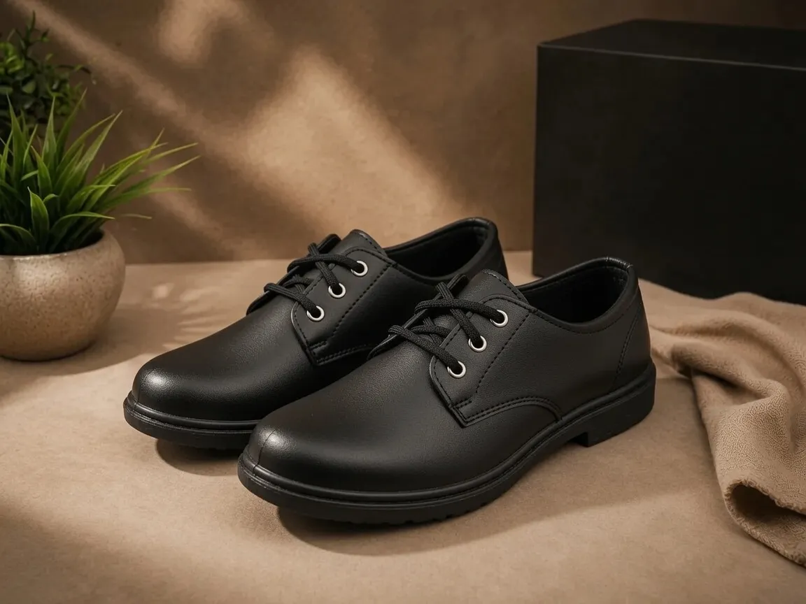 Men's coated synthetic and PVC school uniform shoe