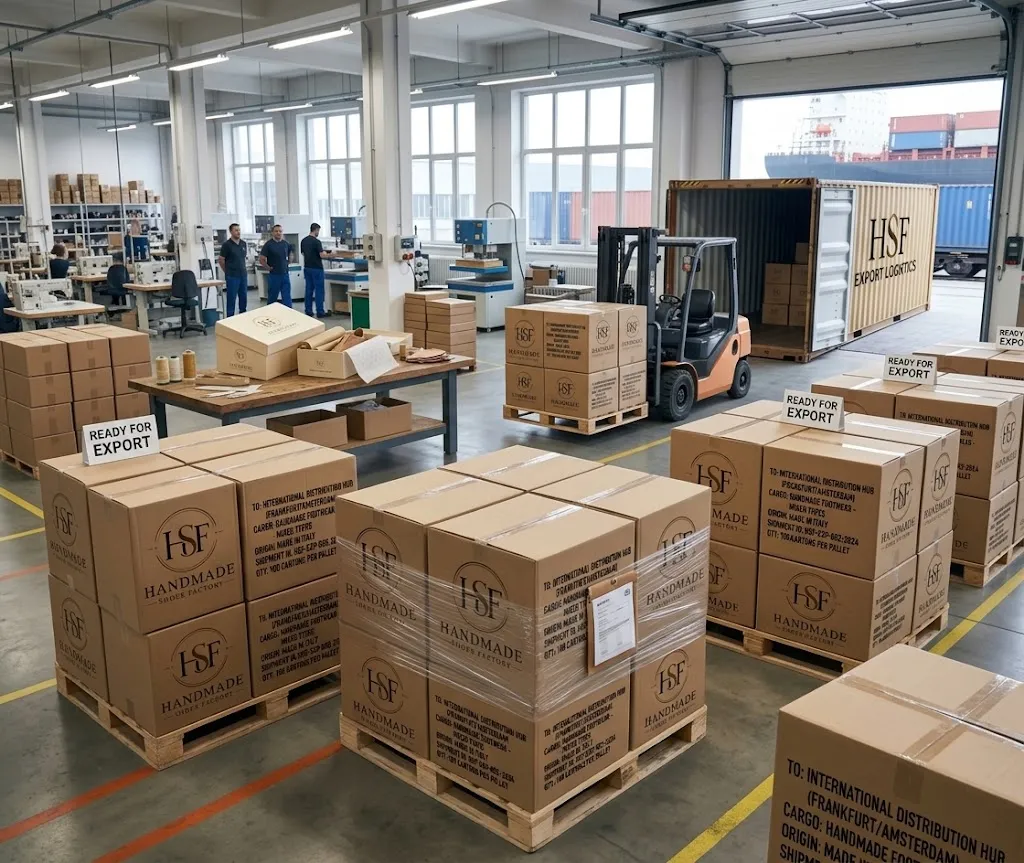 Export shipping cartons of footwear ready for international freight