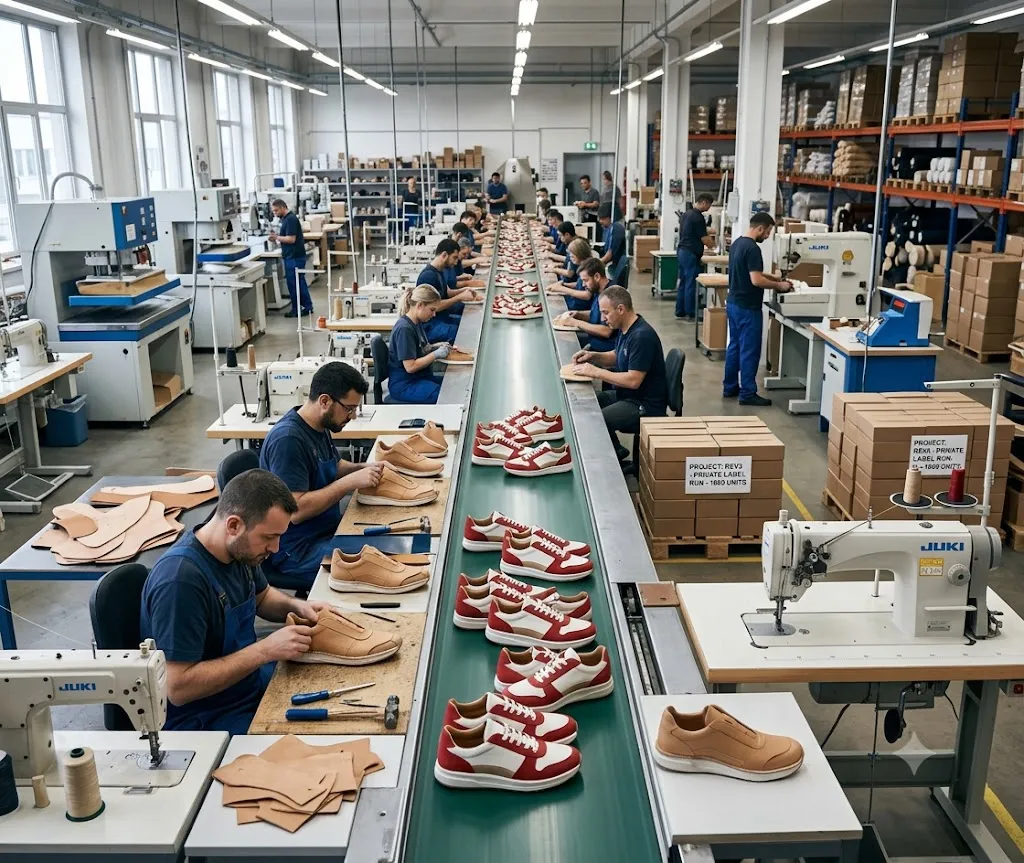 Shoe factory production line preparing a private label first order run
