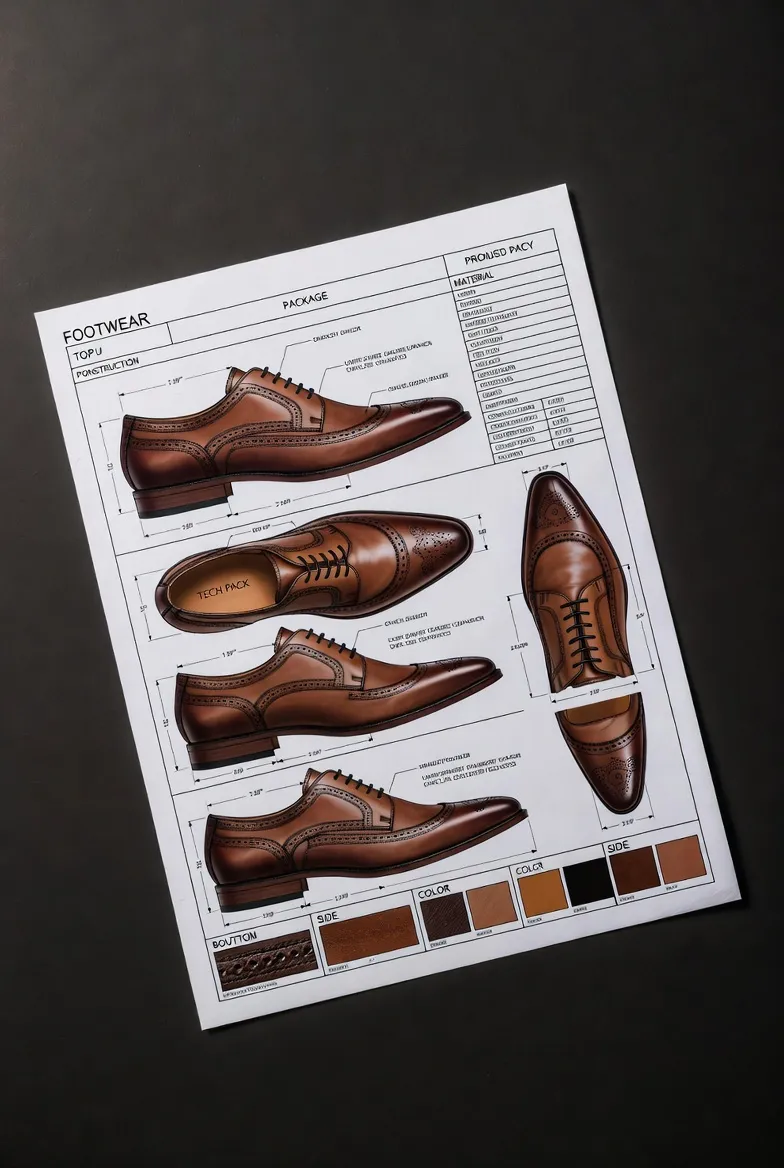 Shoe prototyping tech pack example with construction notes