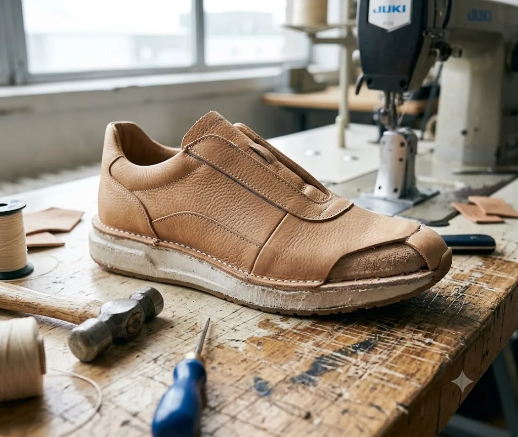 Leather shoe sample on a factory workbench during prototype development