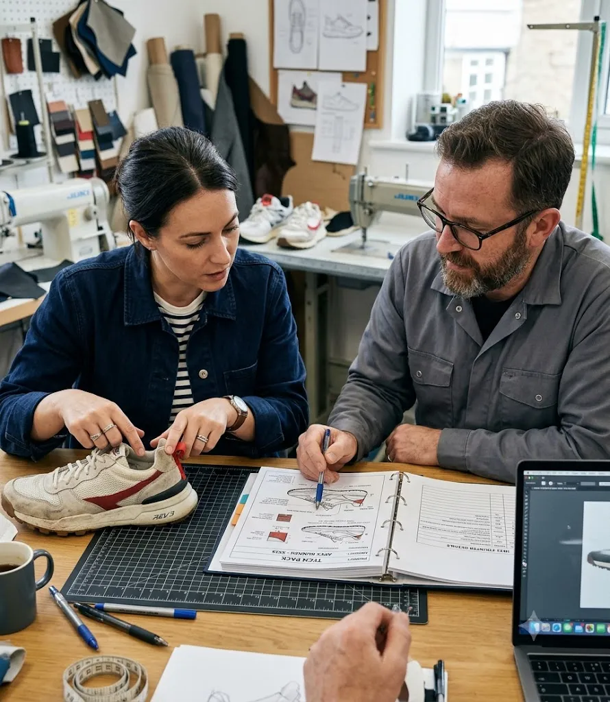 Designer reviewing a footwear tech pack and sample before costing a new shoe brand