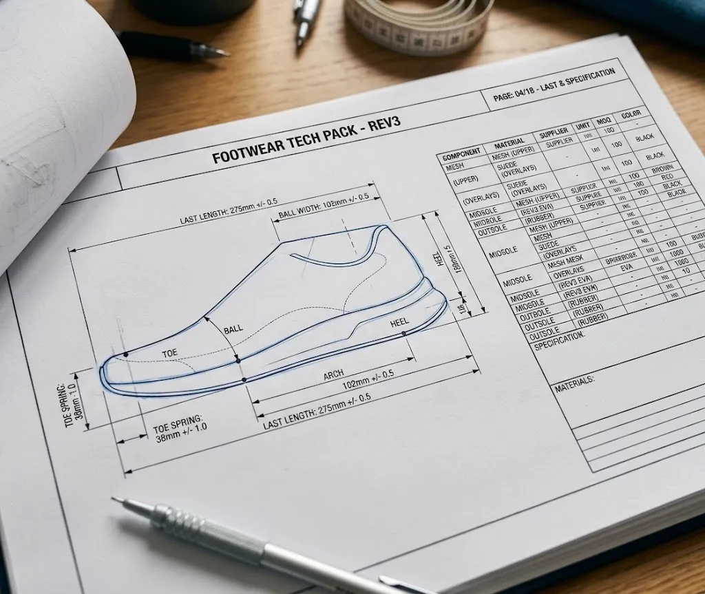 Footwear tech pack technical drawing showing shoe last measurements for cost to start a shoe brand