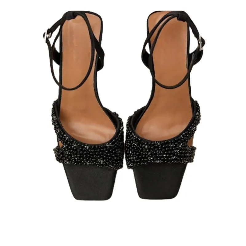 Black Crystal Embellished Ankle Strap Stiletto Heels - Image 3
