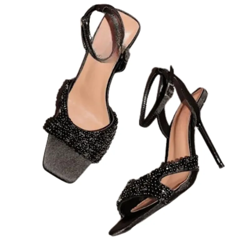 Black Crystal Embellished Ankle Strap Stiletto Heels - Image 4
