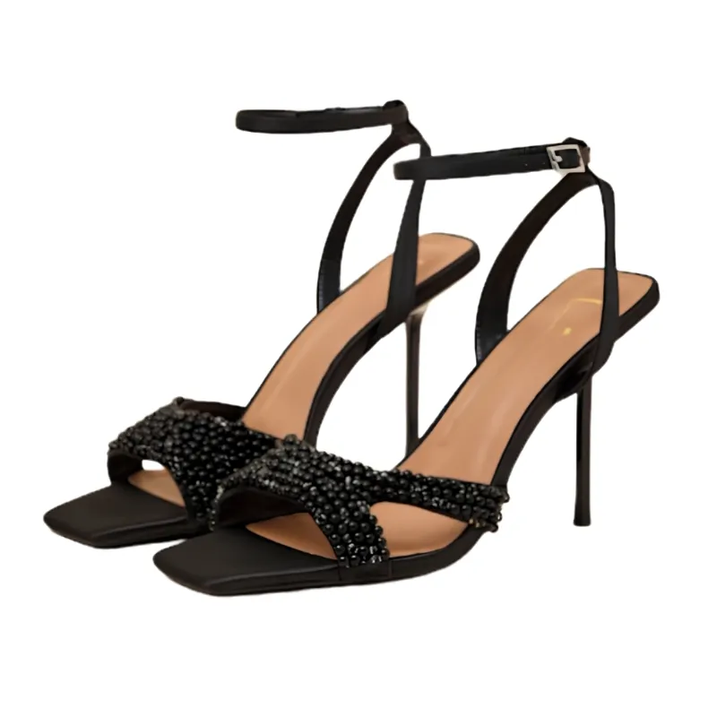 Black Crystal Embellished Ankle Strap Stiletto Heels - Image 5