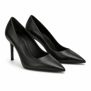 Black pointed toe leather pump stiletto heel for private label brands