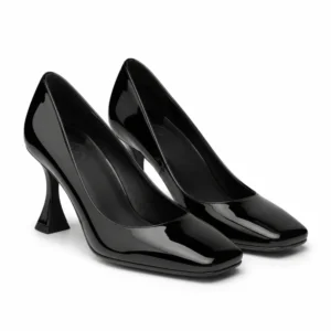 Pair of black square toe patent pump flared heel shoes with a glossy finish on a white background.