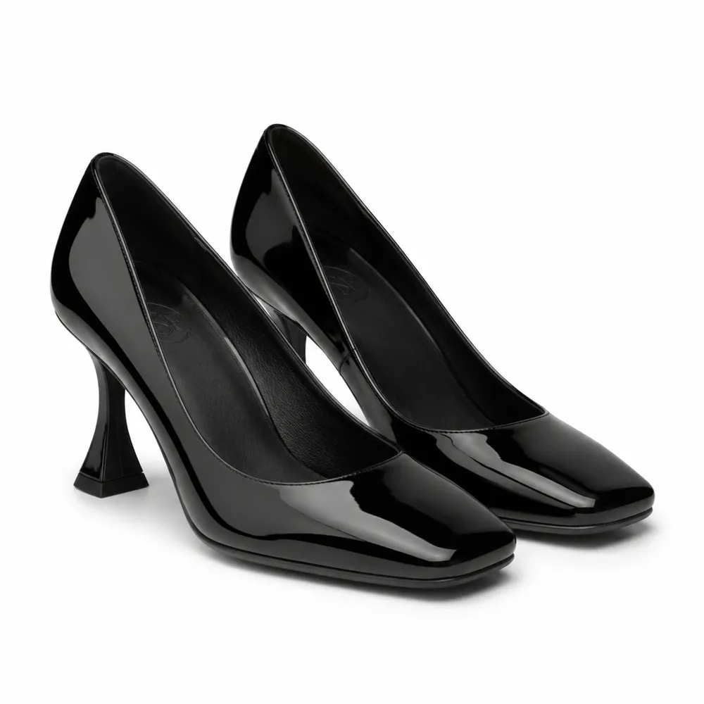 Pair of black square toe patent pump flared heel shoes with a glossy finish on a white background.