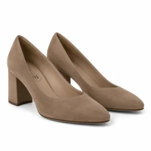 Private label almond-toe suede pump with block heel in warm taupe, front three-quarter view