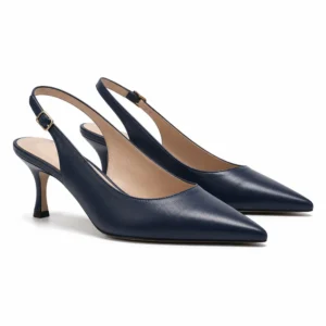 Private label slingback pointed toe pump in deep navy, shown in a front three-quarter hero view for wholesale and B2B footwear sourcing.