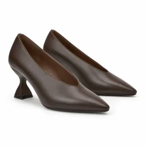 Private label V cut vamp pump sculpted heel in a chocolate brown studio presentation, shown from a front three-quarter view for OEM, wholesale and B2B footwear sourcing
