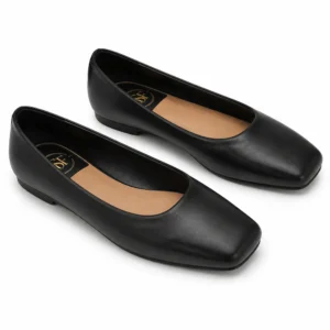 Private label square-toe leather ballet flat in black, shown from a front three quarter view for brands, wholesalers, retailers, importers and B2B footwear sourcing.
