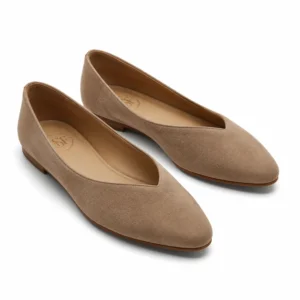 Private label V cut suede ballet flat in warm taupe matte suede, main product view for brands, retailers, wholesalers and footwear sourcing teams.