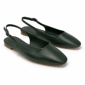Private label almond toe slingback ballet flat in a forest green studio presentation, showing the almond-toe shape and slingback design for brands, retailers, wholesalers, importers and footwear sourcing teams.