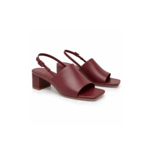 Private label slingback square-toe mid block heel sandal in burgundy studio presentation, main product view for footwear brands, wholesalers and B2B sourcing teams.