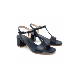 Private label T Bar leather sandal block heel in deep navy studio presentation, main product view for footwear brands, wholesalers, importers and B2B sourcing teams.