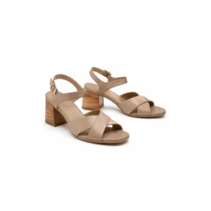 Private label cross strap sandal wood look block heel, main three-quarter product view for footwear brands, wholesalers, importers and B2B sourcing teams.