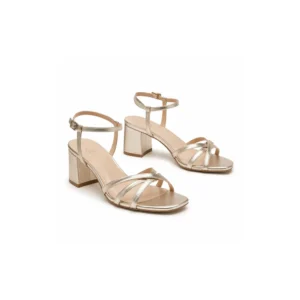 Private label metallic evening sandal block heel with soft champagne metallic finish, main product view for footwear brands, wholesalers, importers and B2B sourcing teams.