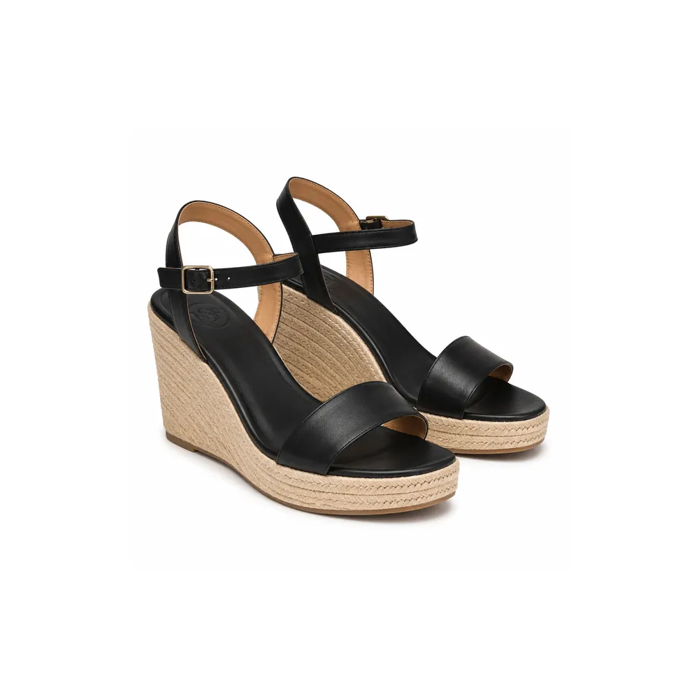 Private label espadrille rope wedge ankle strap sandal in black studio presentation, main product view for footwear brands, wholesalers, importers and B2B sourcing teams.