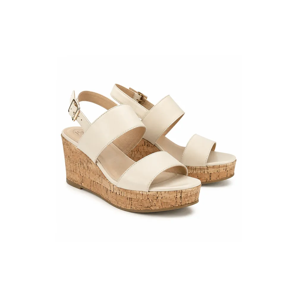 Private label cork look platform wedge sandal in ivory studio presentation, main product view for footwear brands, retailers, wholesalers, importers and B2B sourcing teams.