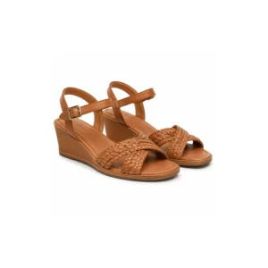 Private label braided leather mid wedge sandal in warm tan studio presentation, main product view for footwear brands, wholesalers, importers and B2B sourcing teams.