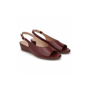 Private label low wedge slingback sandal in burgundy studio presentation, main product view for footwear brands, wholesalers, importers and B2B sourcing teams.