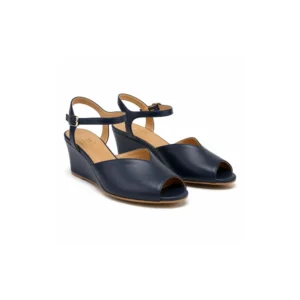 Private label peep toe wedge sandal ankle strap in deep navy studio presentation, main product view for footwear brands, wholesalers, importers and B2B sourcing teams.