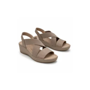 Private label elastic strap comfort wedge sandal in soft taupe studio presentation, main product view for footwear brands, wholesalers, importers and B2B sourcing teams.