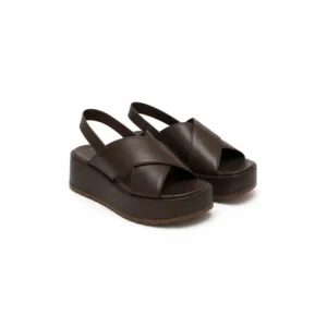 Private label cross strap flatform wedge sandal in chocolate brown studio presentation, main product view for footwear brands, wholesalers, importers and B2B sourcing teams.