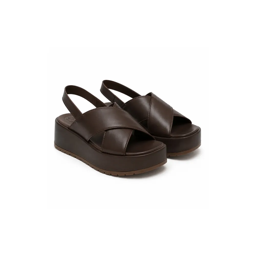 Private label cross strap flatform wedge sandal in chocolate brown studio presentation, main product view for footwear brands, wholesalers, importers and B2B sourcing teams.