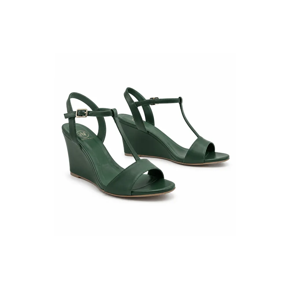 Private label T Bar high wedge dress sandal in forest green studio presentation, main product view for footwear brands, wholesalers, importers and B2B sourcing teams.