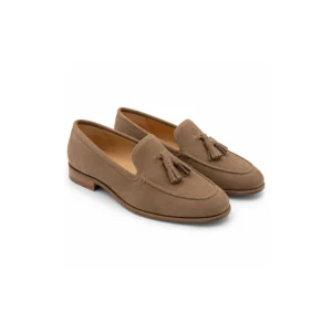 Private label suede tassel loafer for women with warm taupe matte suede finish, designed for brands, retailers, wholesalers and sourcing teams.