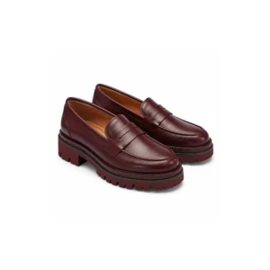 Private label lug sole platform loafer for women with burgundy studio concept, shown as the main product image for brands, retailers, wholesalers, importers and sourcing teams.