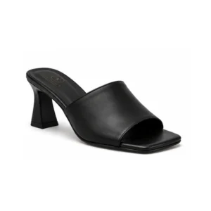 Private label square toe leather heeled mule shown in a front three-quarter main product view for B2B footwear buyers.