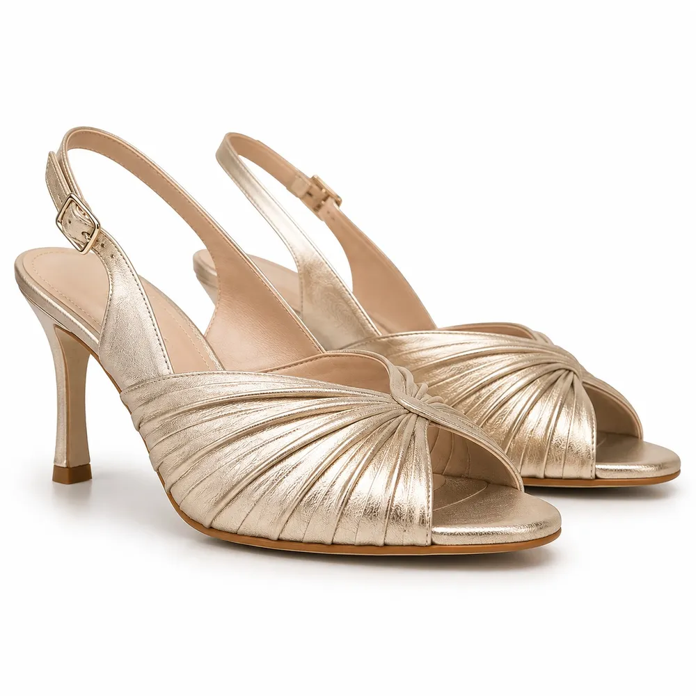 Private label metallic pleated evening sandal main product image for brands, retailers, wholesalers, importers, and sourcing teams.