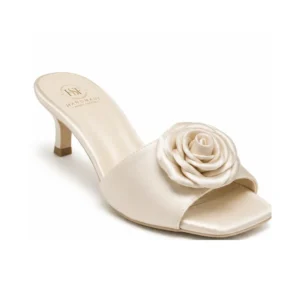 Private label satin rosette party mule in soft ivory satin for women's party footwear and B2B buyers