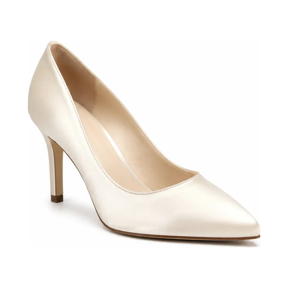 Private label ivory satin pointed toe bridal pump for brands, retailers, wholesalers, importers and sourcing teams