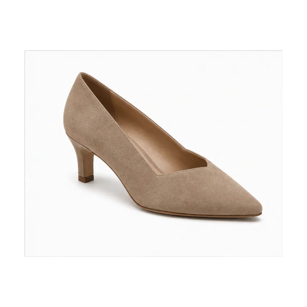 Private label V cut suede mid heel pump for footwear brands, retailers, wholesalers, importers, and sourcing teams