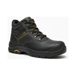 Private label leather puncture resistant safety boot in black with a safety yellow accent, built for wholesale and private label safety footwear buyers