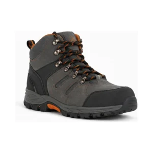 Private label hiker style puncture resistant work boot in charcoal with a muted orange accent, offered to wholesale and private label safety footwear buyers