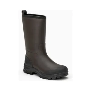 Private label pull on puncture resistant Wellington boot in dark brown with black components, offered to wholesale and private label safety footwear buyers