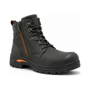 Private label side zip puncture resistant duty boot in charcoal with a muted orange accent, offered to wholesale and private label safety footwear buyers