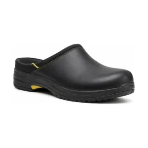 Private label slip resistant kitchen work clog in black with a safety yellow accent, offered to wholesale and private label safety footwear buyers