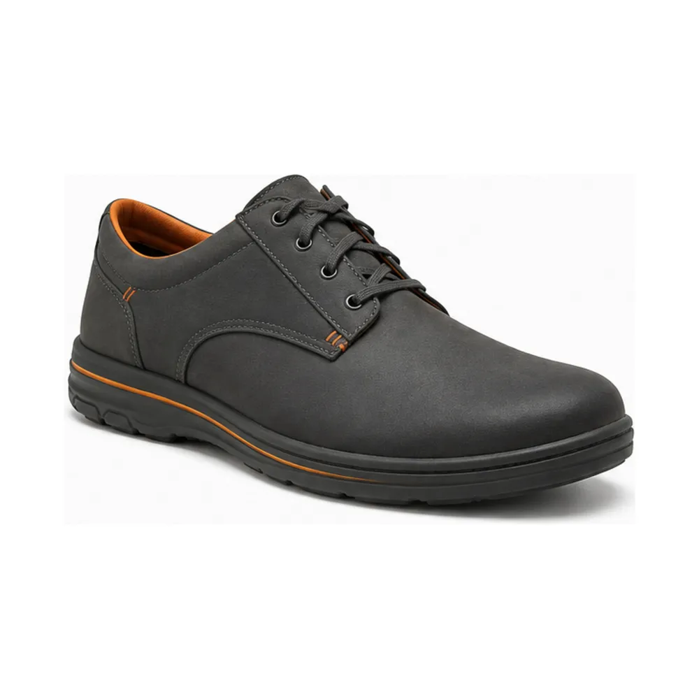 Private label slip resistant hospitality Oxford shoe in charcoal with a muted orange accent, offered to wholesale and private label safety footwear buyers
