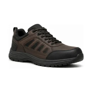 Private label slip resistant athletic work trainer in dark brown with black components, offered to wholesale and private label safety footwear buyers