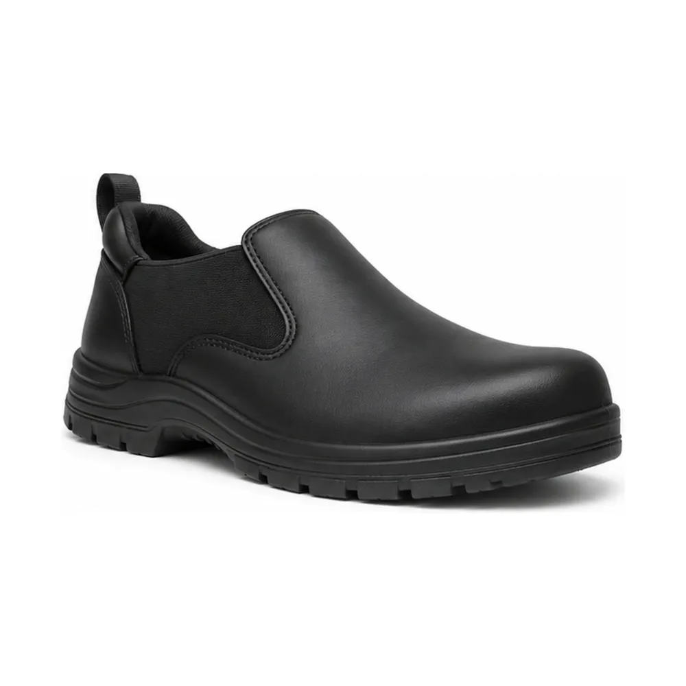 Private label slip resistant Chelsea style work shoe in an all-black technical finish, offered to wholesale and private label safety footwear buyers
